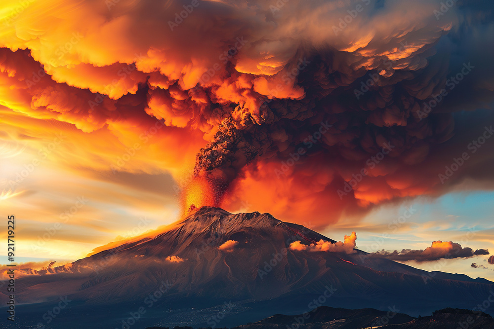 Fototapeta premium Generative ai on theme of erupting volcano with cascading hot lava surrounded thick white smoke