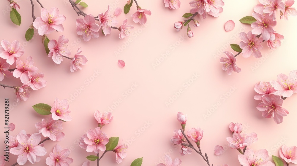 Bright spring blossoms arranged in a circular pattern on a pastel background, with space for text. Bright spring blossoms arranged in a circular pattern on a pastel background, with space for text.