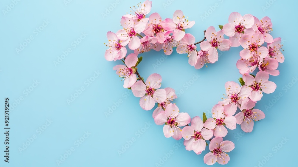 Bright spring blossoms arranged in a heart shape on a light blue background, with copy space available. Bright spring blossoms arranged in a heart shape on a light blue background, with copy space available.