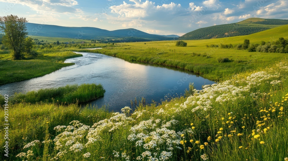 Serene River Winding Through Green Meadows Serene River Winding Through Green Meadows