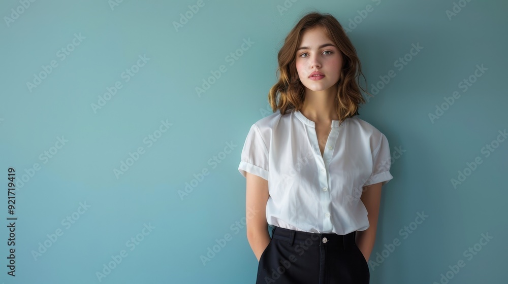 A young woman standing confidently against a simple background. She has her arms behind her, she dressed in a white blouse and black skirt. A young woman standing confidently against a simple background. She has her arms behind her, she dressed in a white blouse and black skirt.