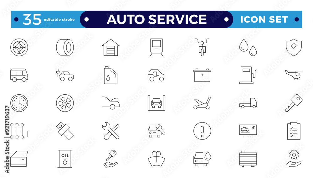 Auto service icon set. Car garage icons set. Auto service, tools, screwdriver, wrench, hammer, gear, car, repair, engine and more. Editable stroke outline icon. Auto service icon set. Car garage icons set. Auto service, tools, screwdriver, wrench, hammer, gear, car, repair, engine and more. Editable stroke outline icon.