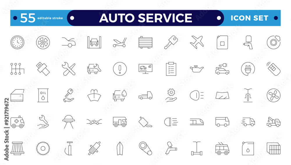 Auto service icon set. Car garage icons set. Auto service, tools, screwdriver, wrench, hammer, gear, car, repair, engine and more. Editable stroke outline icon. Auto service icon set. Car garage icons set. Auto service, tools, screwdriver, wrench, hammer, gear, car, repair, engine and more. Editable stroke outline icon.