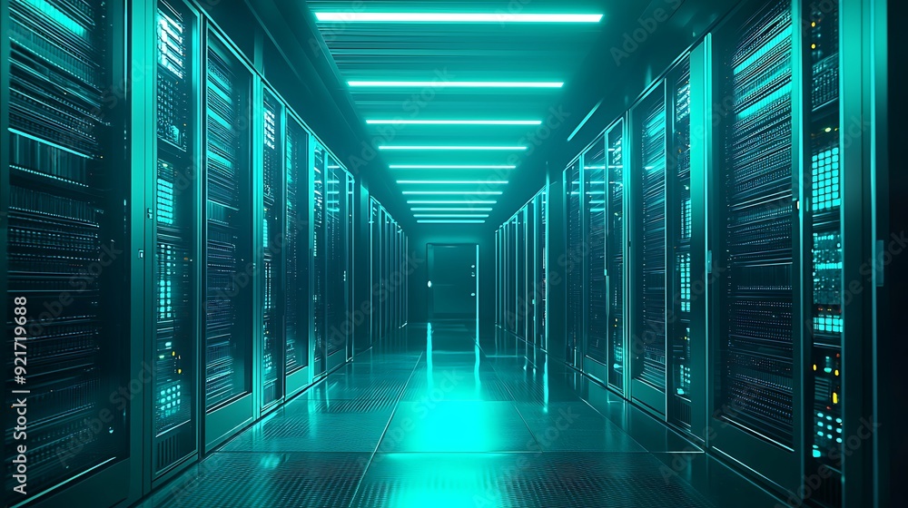 Fototapeta premium Server racks in a data center with bright green lighting.