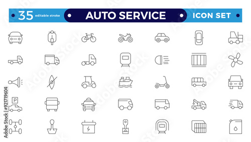 Auto service icon set. Car garage icons set. Auto service, tools, screwdriver, wrench, hammer, gear, car, repair, engine and more. Editable stroke outline icon. 