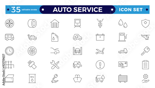 Auto service icon set. Car garage icons set. Auto service, tools, screwdriver, wrench, hammer, gear, car, repair, engine and more. Editable stroke outline icon. 