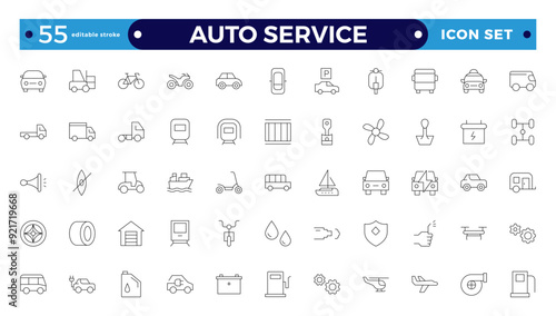 Auto service icon set. Car garage icons set. Auto service, tools, screwdriver, wrench, hammer, gear, car, repair, engine and more. Editable stroke outline icon. 