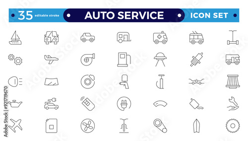 Auto service icon set. Car garage icons set. Auto service, tools, screwdriver, wrench, hammer, gear, car, repair, engine and more. Editable stroke outline icon. 