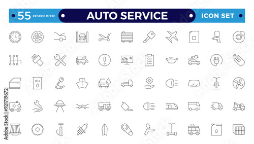 Auto service icon set. Car garage icons set. Auto service, tools, screwdriver, wrench, hammer, gear, car, repair, engine and more. Editable stroke outline icon. 