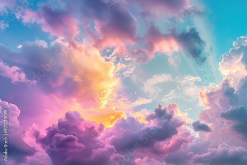 Generative ai on theme of beautiful tranquil landscape with magical bright rainbow at cloudy sky