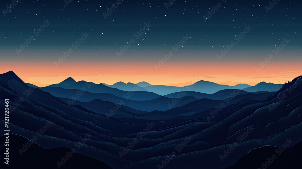 High-angle view of a mountain landscape at dusk, leaving space for text in the evening sky High-angle view of a mountain landscape at dusk, leaving space for text in the evening sky