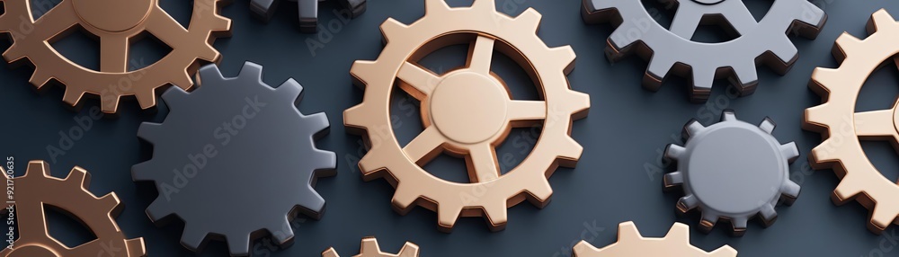 3D interconnected gears with metallic finishes, technology abstract background, detailed and mechanical 3D interconnected gears with metallic finishes, technology abstract background, detailed and mechanical