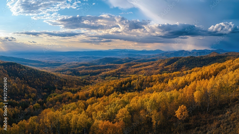 Overhead view of a mountainous region with autumn foliage and open sky for copy space Overhead view of a mountainous region with autumn foliage and open sky for copy space