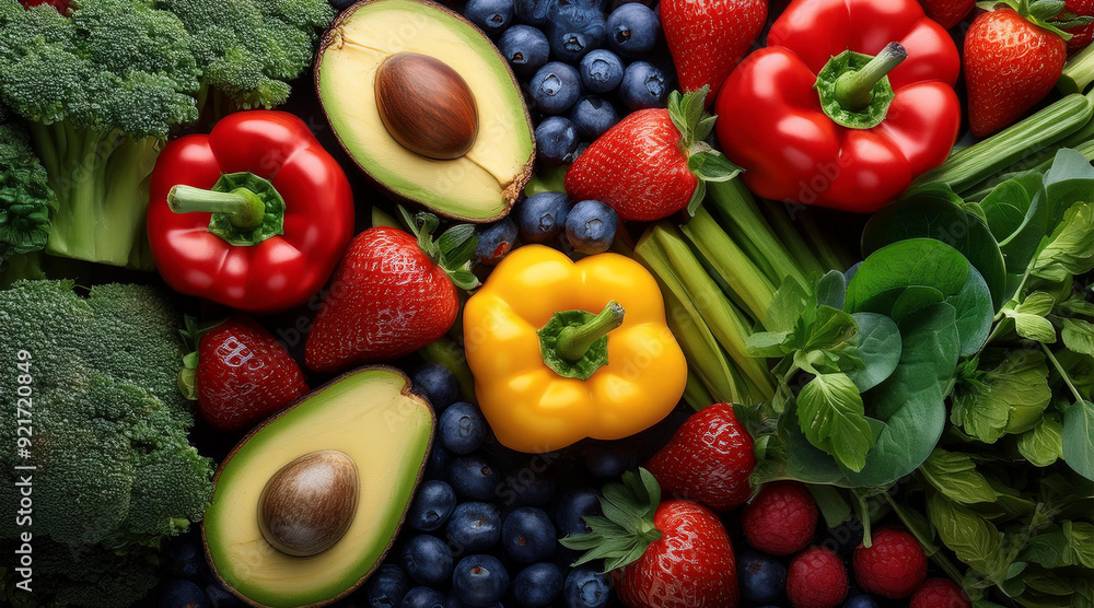 fresh fruits and vegetables, including strawberries, blueberries, avocados, kale, and bell peppers fresh fruits and vegetables, including strawberries, blueberries, avocados, kale, and bell peppers