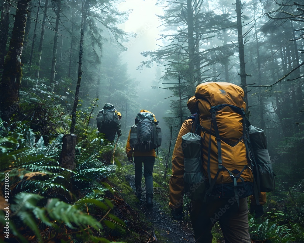 Hikers trekking through a dense foggy forest trail with backpacks and gear outdoor adventure concept Hikers trekking through a dense foggy forest trail with backpacks and gear outdoor adventure concept
