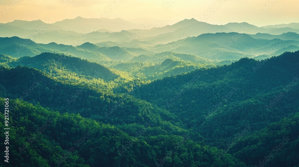 Panoramic top view of rolling mountains with dense forests, clear sky area for copy space Panoramic top view of rolling mountains with dense forests, clear sky area for copy space