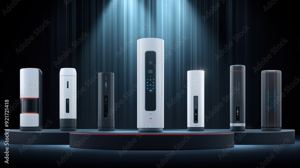 Obraz premium A modern display of home appliances with varied designs and features, illuminated under dramatic lighting on a circular stage.