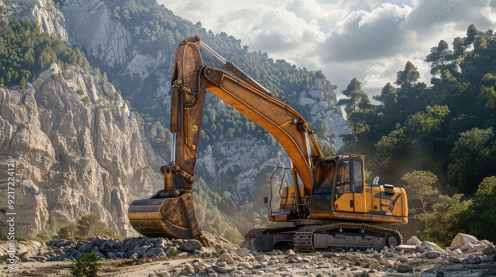 Heavy machinery working in a quarry with mountains generated with AI Heavy machinery working in a quarry with mountains generated with AI
