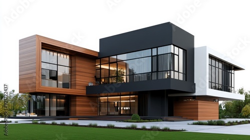 Modern architectural design showcasing a sleek exterior with large windows and a blend of wood and metal materials.