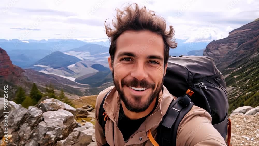 Happy hiker man having fun and records videos for his vlog on top of mountain Happy hiker man having fun and records videos for his vlog on top of mountain