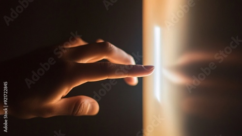 A hand interacting with a sleek electronic light dimmer screen adjusting the brightness with a simple touch