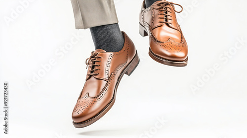 A pair of men's brown classic-style shoes seemingly floating over a white background. These vintage dress shoes evoke a sense of 60s fashion and retro style, with ample copy space for advertisements, 