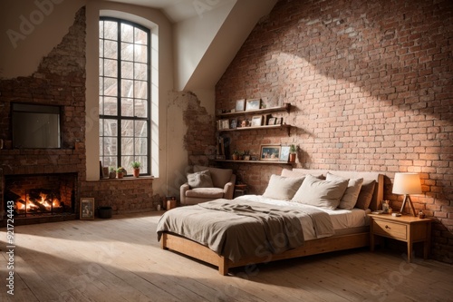 Comfortable bedroom featuring brick walls, spacious window, and cozy fireplace  photo