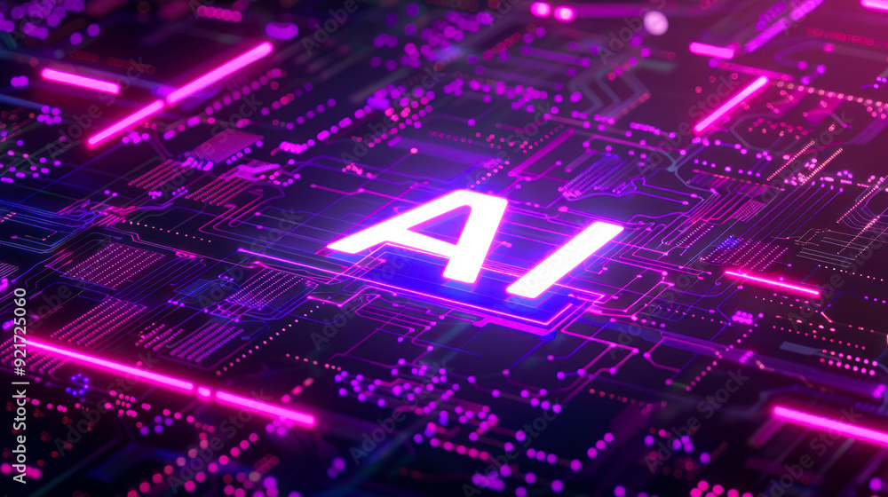 Processor or microchip with AI text on circuit board. Artificial intelligence background illustration. Core of artificial intelligence machine with neon light of energy. computer technology, data Processor or microchip with AI text on circuit board. Artificial intelligence background illustration. Core of artificial intelligence machine with neon light of energy. computer technology, data