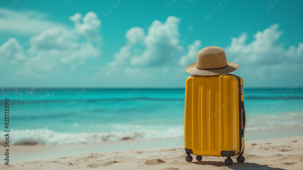 Beach with yellow suitcase and straw hat Beach with yellow suitcase and straw hat