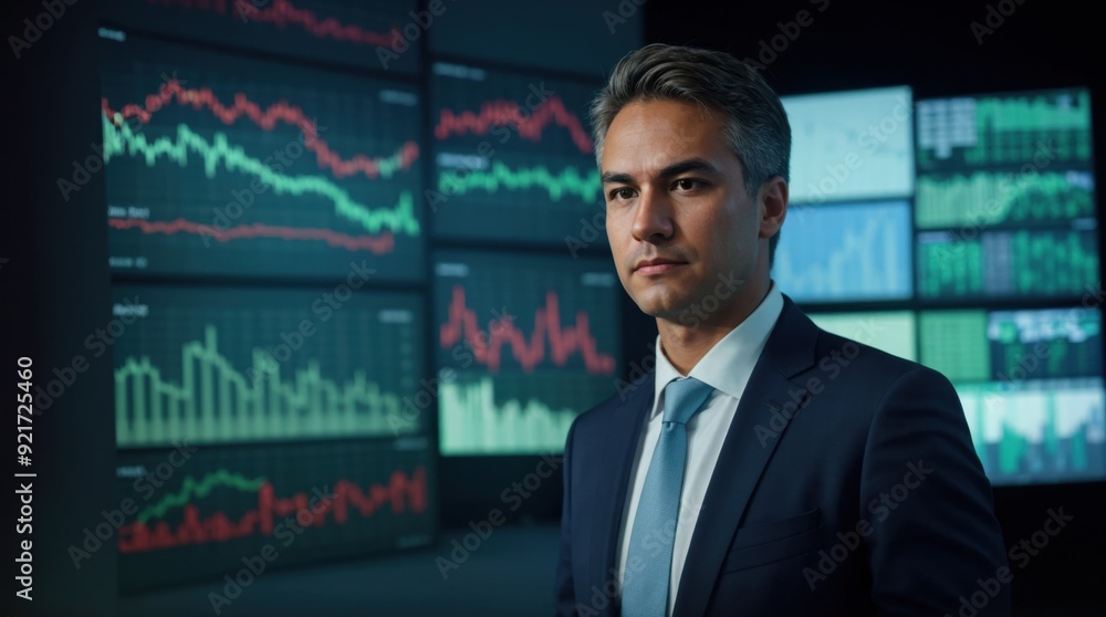 Concentrated Executive Scrutinizing Financial Information On Numerous Illuminated Screens Concentrated Executive Scrutinizing Financial Information On Numerous Illuminated Screens