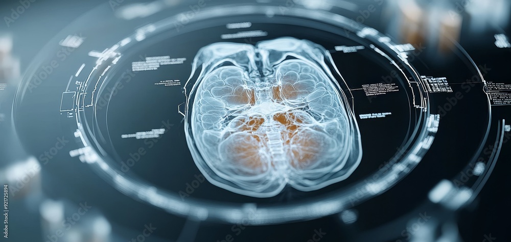 Detailed x-ray view of the human brain with digital overlays representing neural activity and health analysis. Detailed x-ray view of the human brain with digital overlays representing neural activity and health analysis.