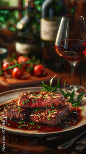 A mouthwatering steak dinner with a glass of wine, elegantly presented in a restaurant setting, created using Generative AI