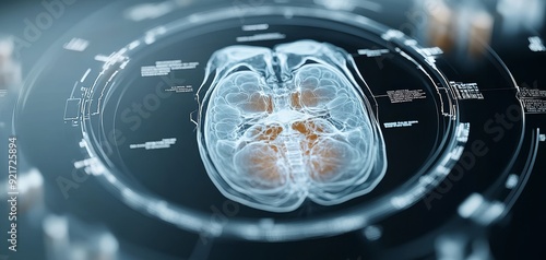 Detailed x-ray view of the human brain with digital overlays representing neural activity and health analysis. photo