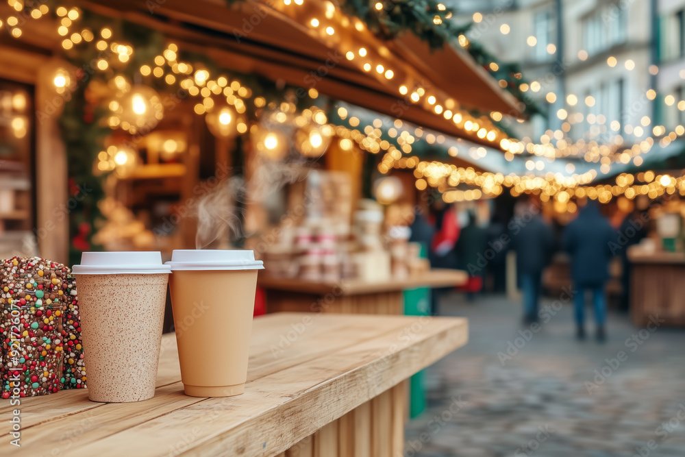 Steaming Hot Beverages at a Festive Outdoor Market with String Lights Steaming Hot Beverages at a Festive Outdoor Market with String Lights