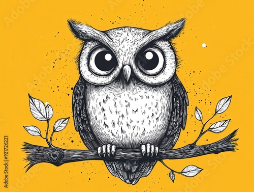 Illustrated owl with wide eyes perched on branch
 photo