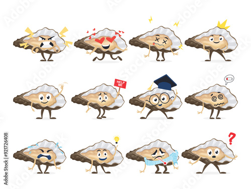 Oyster comic character underwater mollusk different emotions set isometric vector illustration