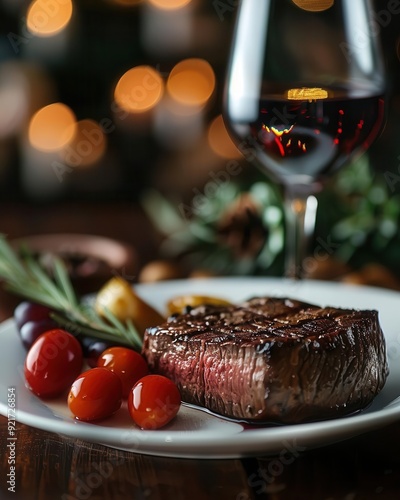 Front closeup of a steak dinner and wine, elegant restaurant, AIgenerated, perfect dinner setting