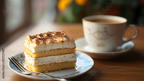 a cup of coffee next to a slice of layered cake on a small plate, with a fork resting on the saucer, ready for a sweet treat.