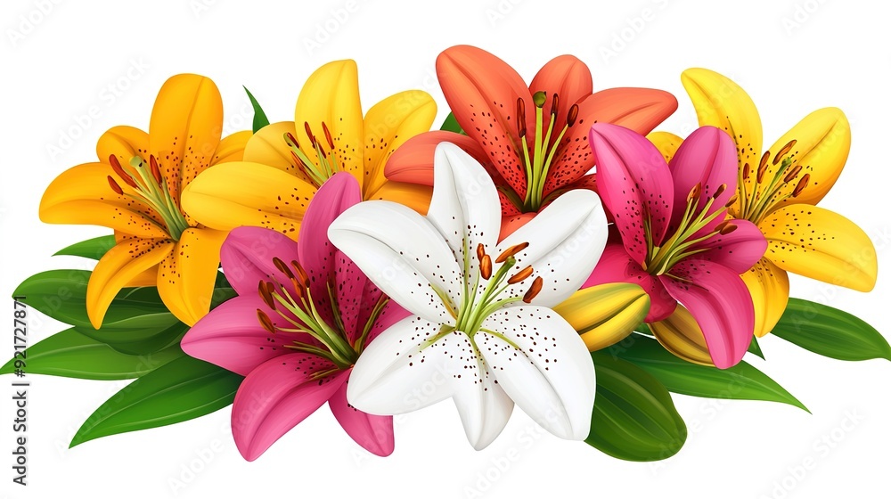 Vivid Rich Bouquet of Lilies Seen from Above: Elegant Floral Illustration with Lush Colors Vivid Rich Bouquet of Lilies Seen from Above: Elegant Floral Illustration with Lush Colors