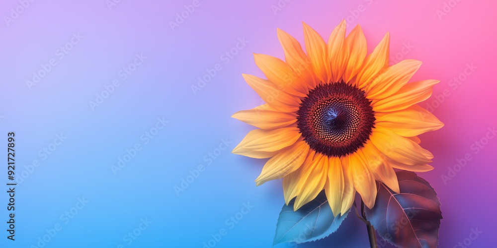 Obraz premium An elegant sunflower with bright yellow petals and textured leaves, set against a gradient background of blue to pink, showcasing nature's beauty and vivid colors.