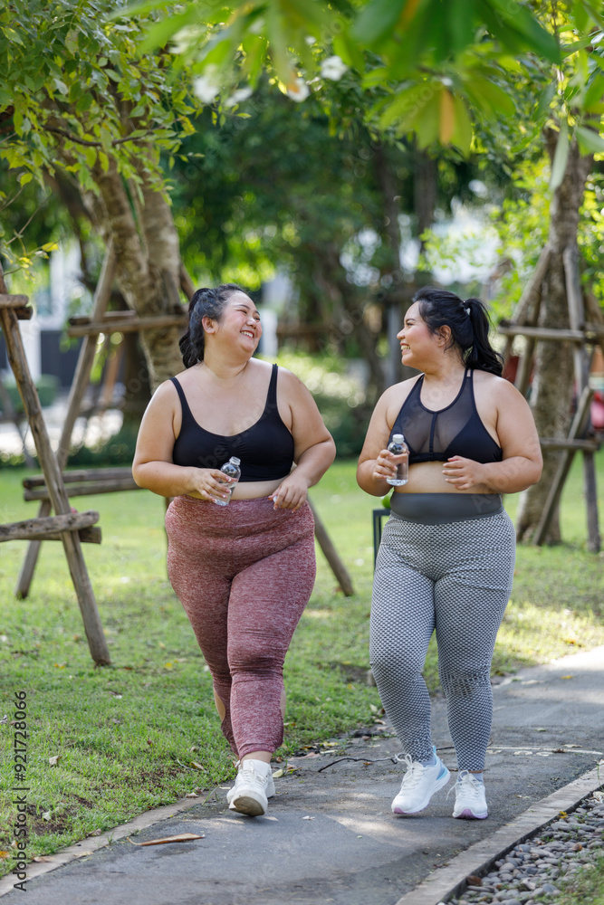 Fototapeta premium Cheerful two women overweight in sportswear have fun exercising in garden. Asian girls plus size wear sports uniform are friend together running exercise in green public park, healthy concept.