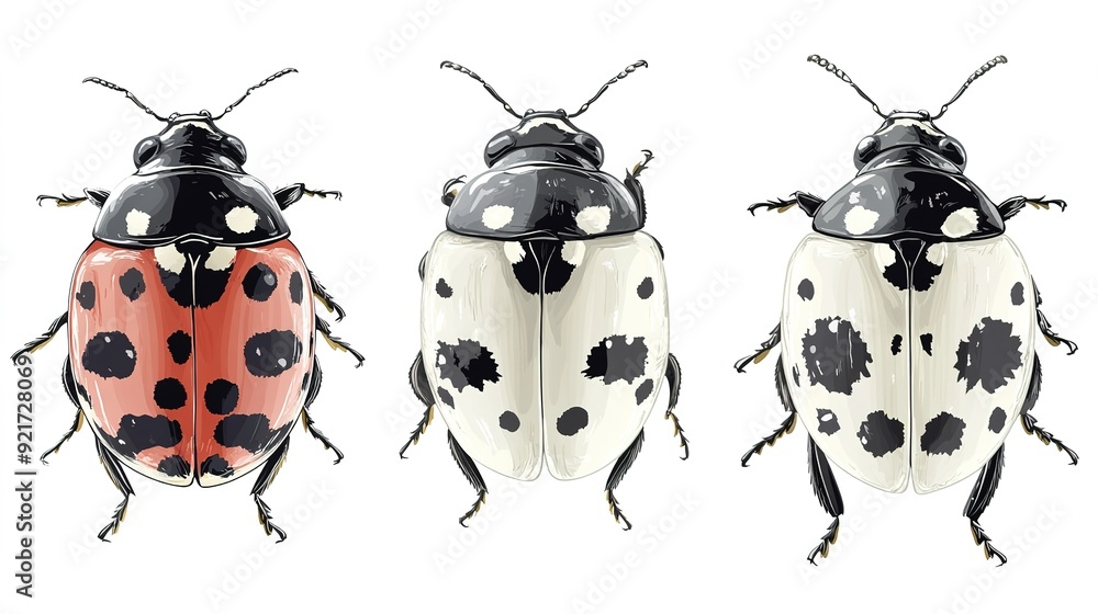 Fototapeta premium Ash Grey Lady Beetle Vector Art in Various Views on a White Background: Detailed and Versatile Illustration