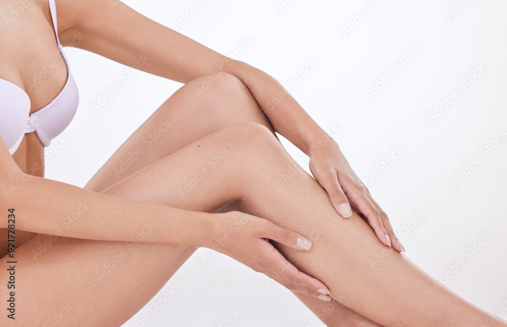 Woman, hair removal and smooth legs in studio for skincare, beauty and soft touch on white background. Female person, epilation and grooming results for maintenance, dermatology and cosmetics glow Woman, hair removal and smooth legs in studio for skincare, beauty and soft touch on white background. Female person, epilation and grooming results for maintenance, dermatology and cosmetics glow