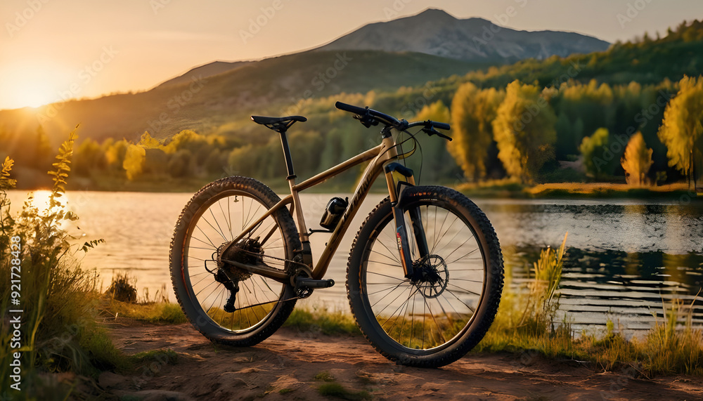 Fototapeta premium Bicycle in sunset city near lake, sport cycling active