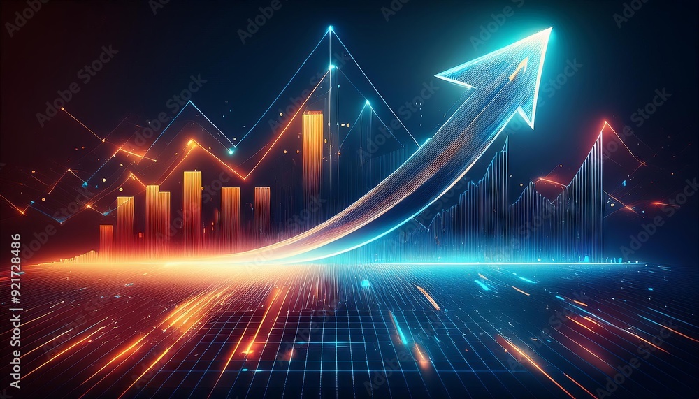 A glowing blue arrow pointing upwards, accompanied by graphs and lines representing financial growth and success. A glowing blue arrow pointing upwards, accompanied by graphs and lines representing financial growth and success.