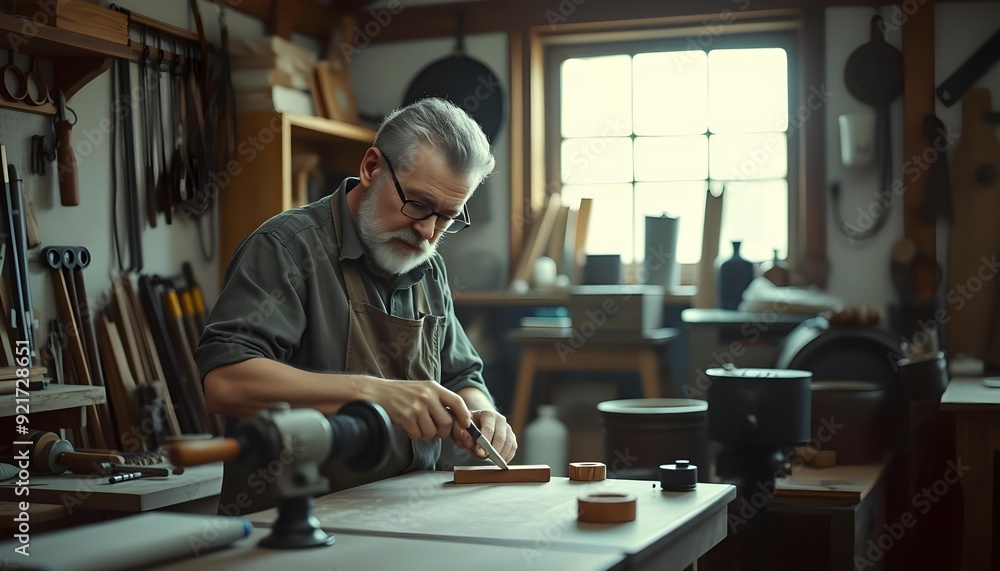 Craftsman working in his workshop surrounded by tools and materials, captured with a standard lens in soft indoor light. Showcasing an authentic, traditional, and rustic hands-on style. Craftsman working in his workshop surrounded by tools and materials, captured with a standard lens in soft indoor light. Showcasing an authentic, traditional, and rustic hands-on style.