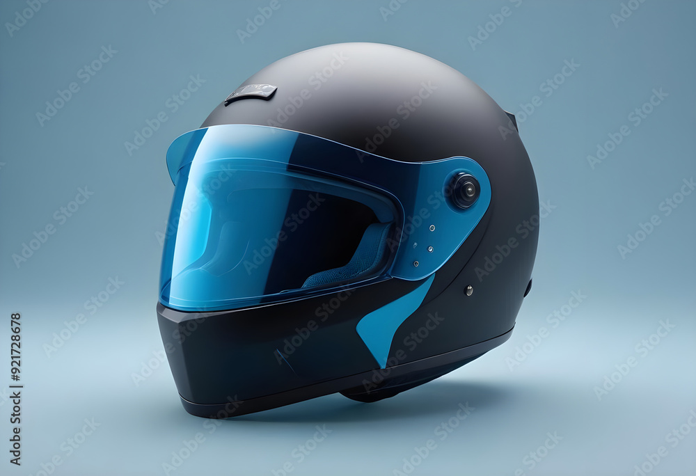 Side view of black motorcycle Helmet on a blue background Side view of black motorcycle Helmet on a blue background