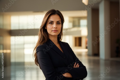 Confident lady with crossed arms in a sunlit modern lobby Free Download Confident lady with crossed arms in a sunlit modern lobby - GFXLoad