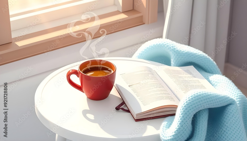 Steaming cup of coffee on a table next to an open book and a soft blanket, captured with a standard lens in soft morning light. Showcasing a warm and relaxing atmosphere. Steaming cup of coffee on a table next to an open book and a soft blanket, captured with a standard lens in soft morning light. Showcasing a warm and relaxing atmosphere.