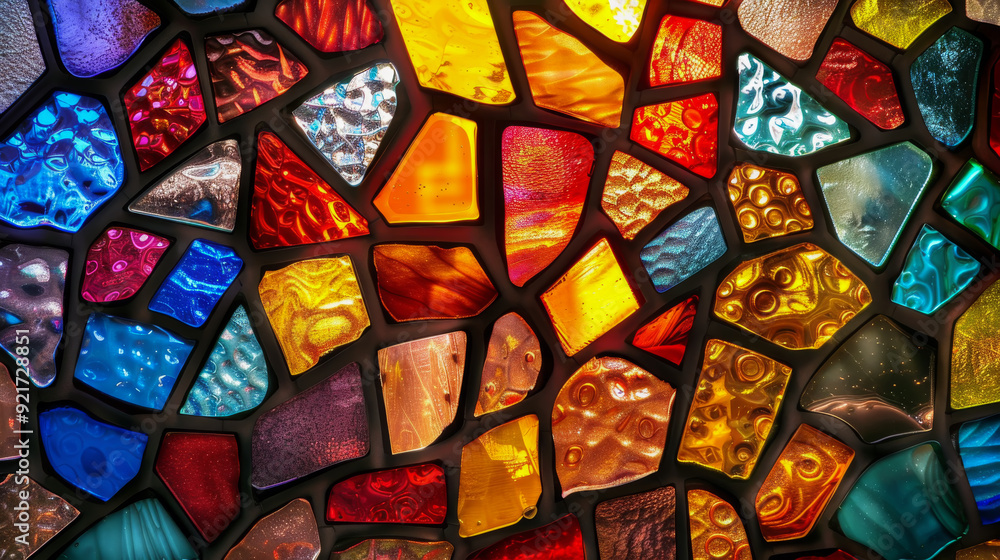Closeup of a colorful mosaic made of irregular glass pieces is creating a beautiful pattern Closeup of a colorful mosaic made of irregular glass pieces is creating a beautiful pattern